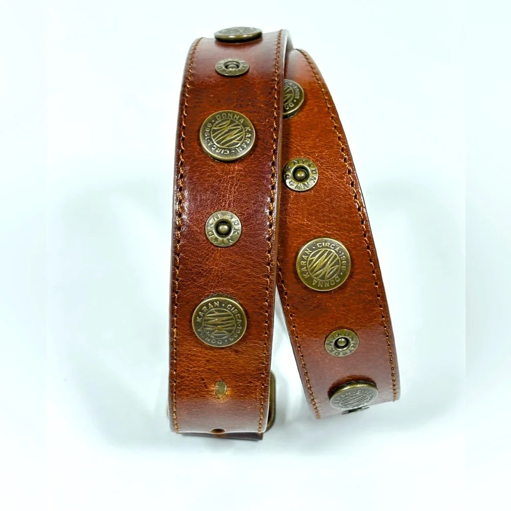 DKNY Leather Riveted Logo Belt Brown Brass‎ Vintage Size Small